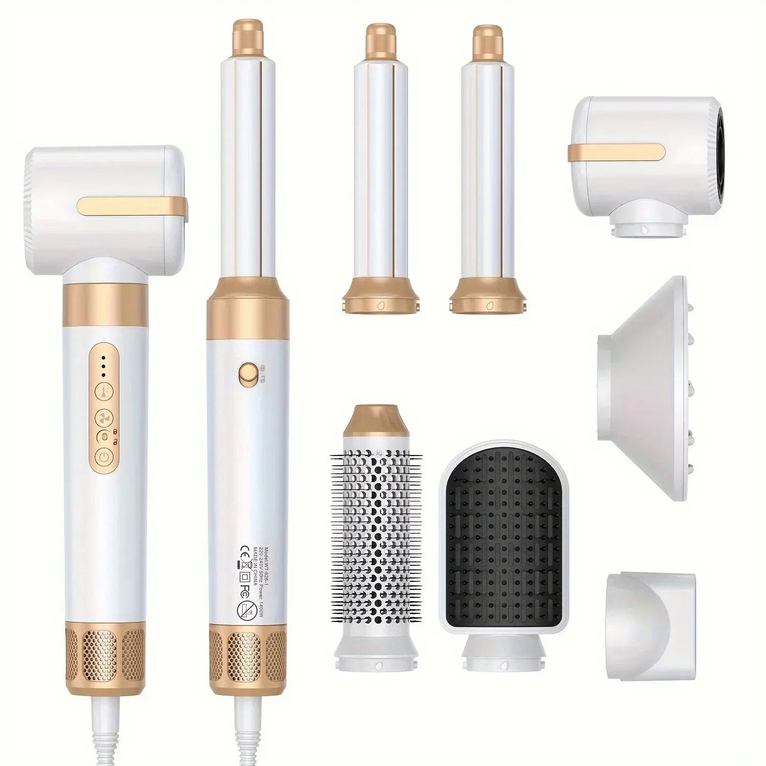TINSOL 7-in-1 hair dryer and curling wand set in white and gold with various styling attachments and hot air brushes.