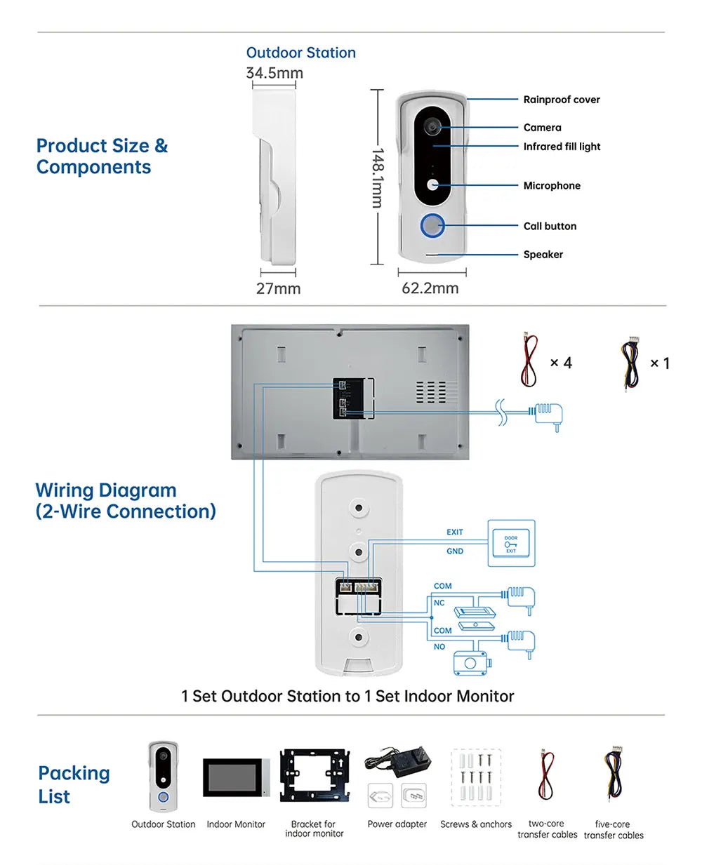 New 2 Wire Video Intercom System 7'' Color Touch Screen Tuya Wifi 1080P  Rainproof Call Panel IR Camera for Home Villa Buil