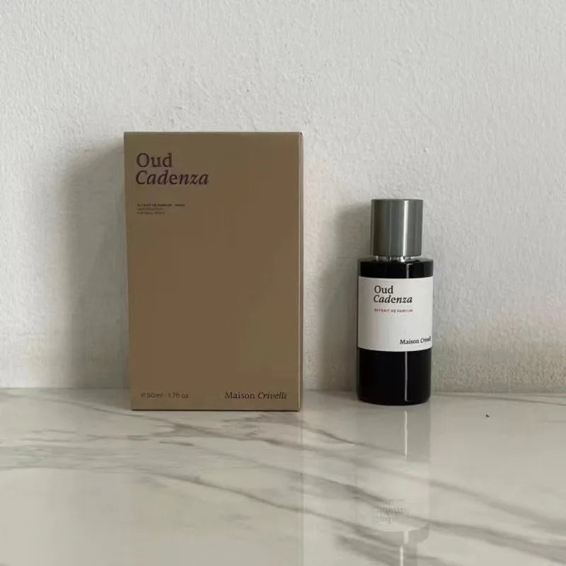 Maison Crivelli Oud Cadenza 50ml unisex Extrait de Parfum, luxury cylindrical bottle, long-lasting Arabic scent for all.