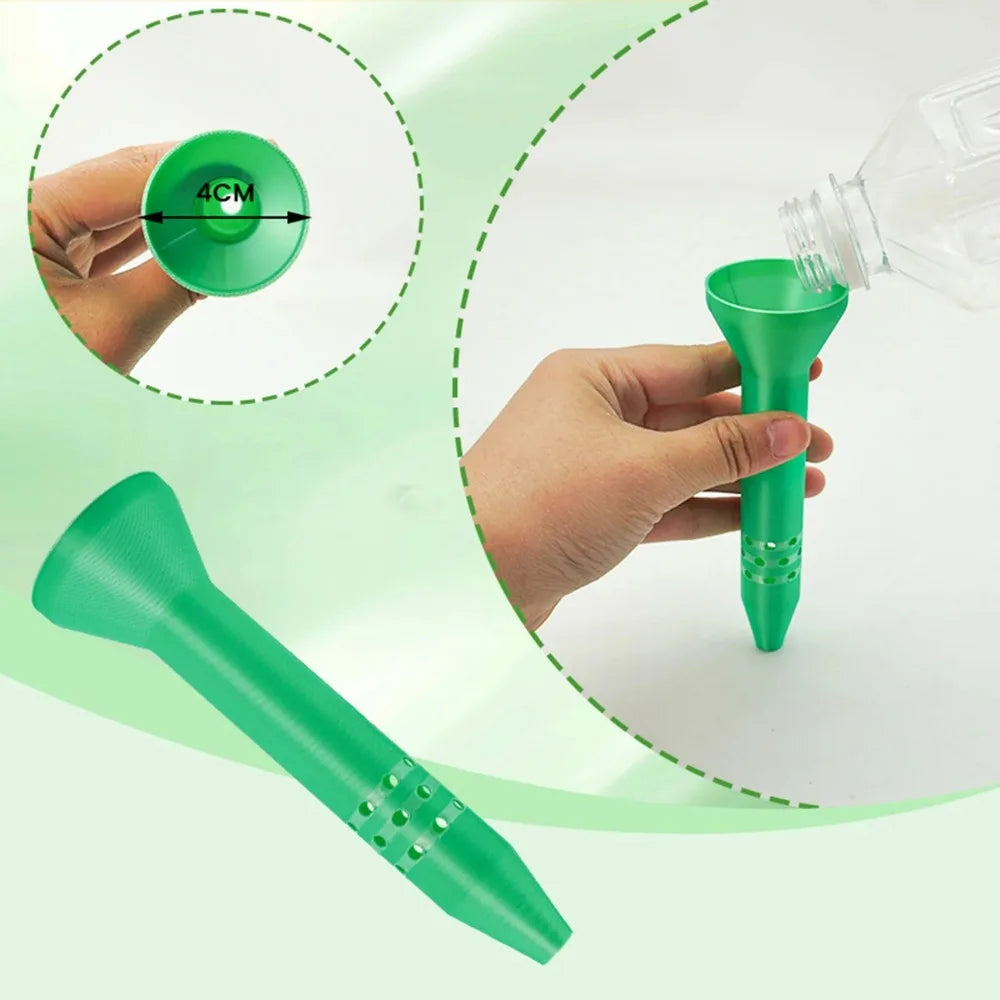 Green plant irrigation funnel tool with wide top opening and drainage holes