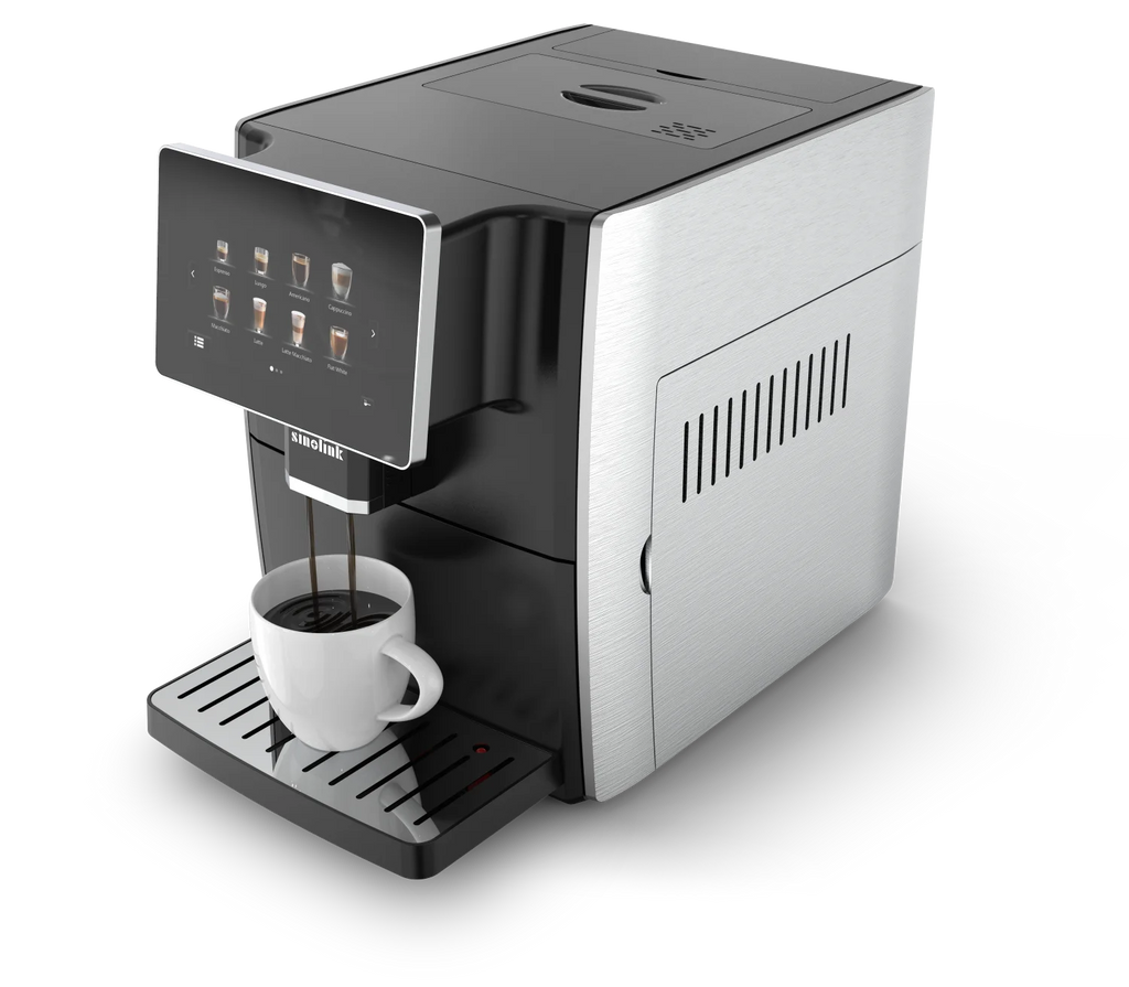 Sinolink automatic espresso coffee machine in black and brushed silver, featuring a large touchscreen interface.