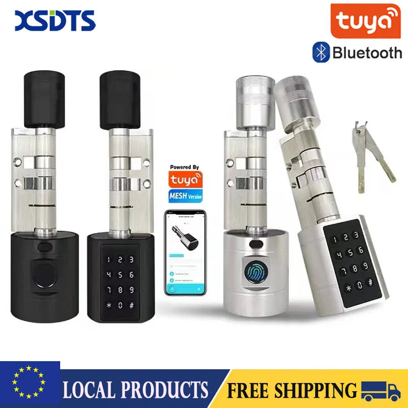 XSDTS Cylinder Electronic Smart Door Lock  Tuya APP Fingerprint Digital Keypad Key Card Remote Control Adjustable Home Apartment