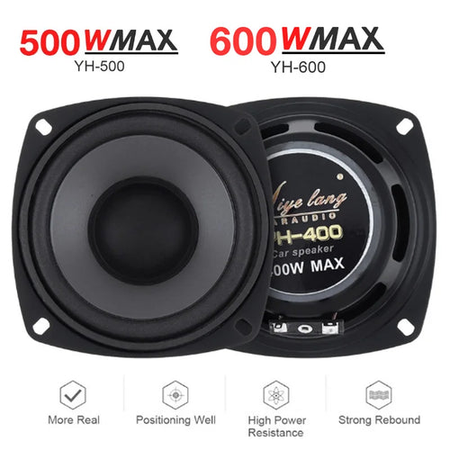 Pair of round black car door speakers with visible 500W and 600W labels