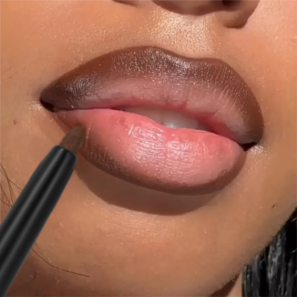 Waterproof brown matte lip liner pencil creating a long-lasting, moisturized, and non-staining ombre lip makeup look.