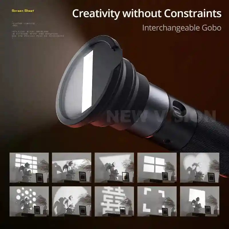 Black cylindrical light projector with interchangeable gobos to cast various geometric shapes and patterns on walls.