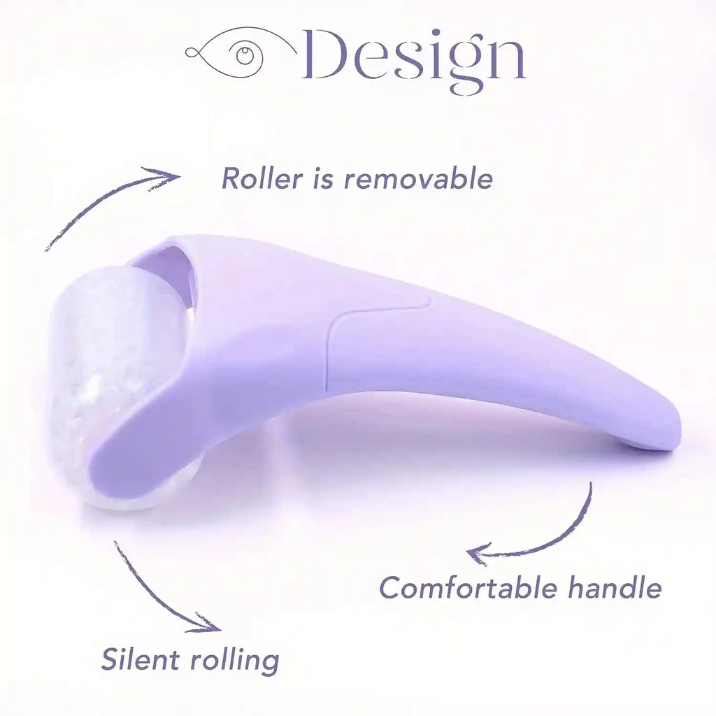 Light purple handheld ice facial roller with a removable clear textured rolling head and ergonomic handle.