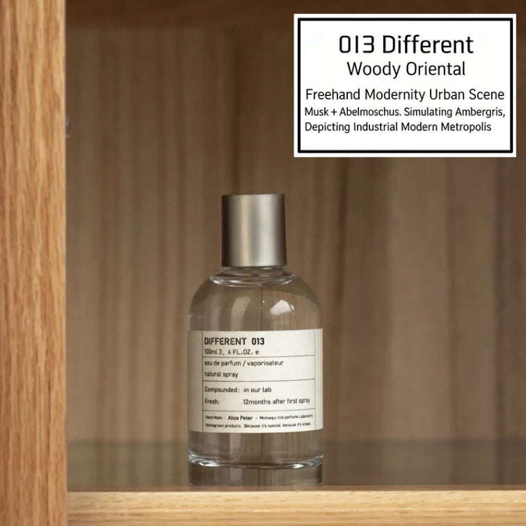 013 Different unisex EDP, 100ml sandalwood fruity fragrance in a minimalist glass bottle. Woody oriental scent profile.
