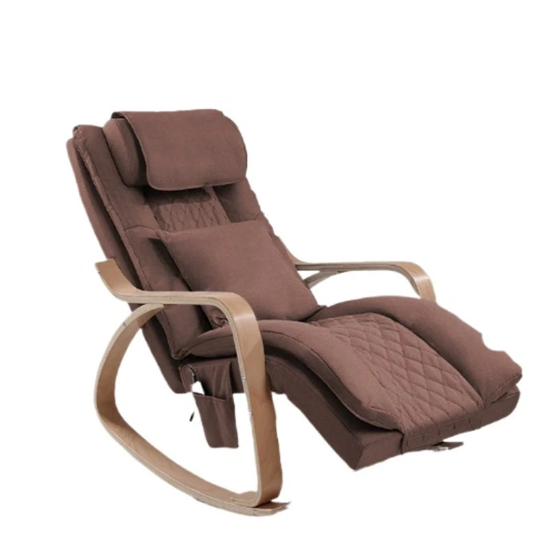 Brown rocking recliner with light wood frame, quilted fabric padding, headrest, and adjustable leg rest for relaxing.