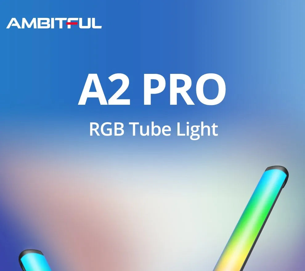 A2 Pro handheld RGB LED tube light showing blue-to-green gradient illumination for photography and video lighting.