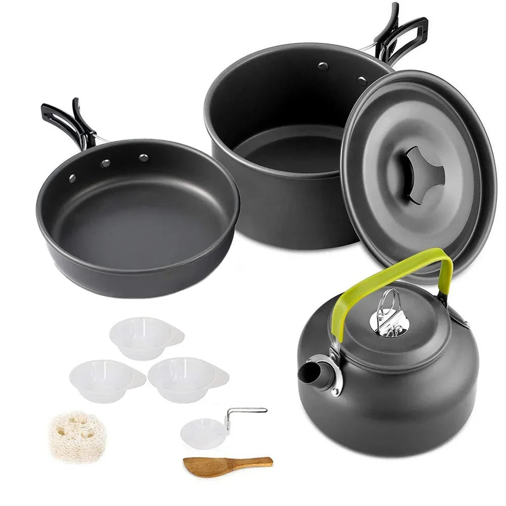 Aluminum alloy camping cookware set with kettle, pan, pot, and nesting accessories