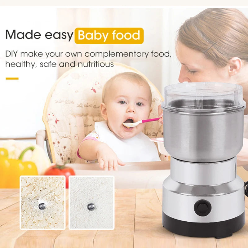 Stainless steel electric baby food maker and grinder with clear lid, perfect for healthy homemade infant meals.