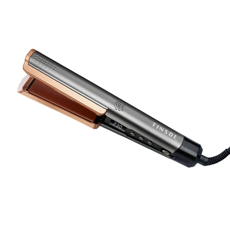 TINSOL 2-in-1 professional hair straightener and curling iron with rose gold plates and LCD screen in gunmetal grey.