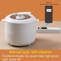 Electric cooking pot with steamer lid; control panel shows power settings and off/on indicator
