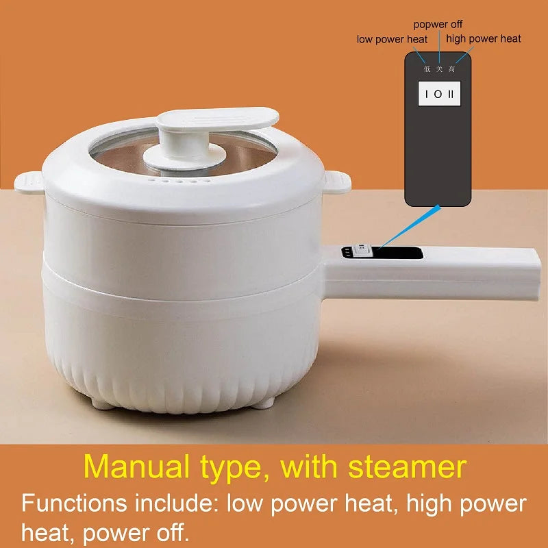 Electric cooking pot with steamer lid; control panel shows power settings and off/on indicator