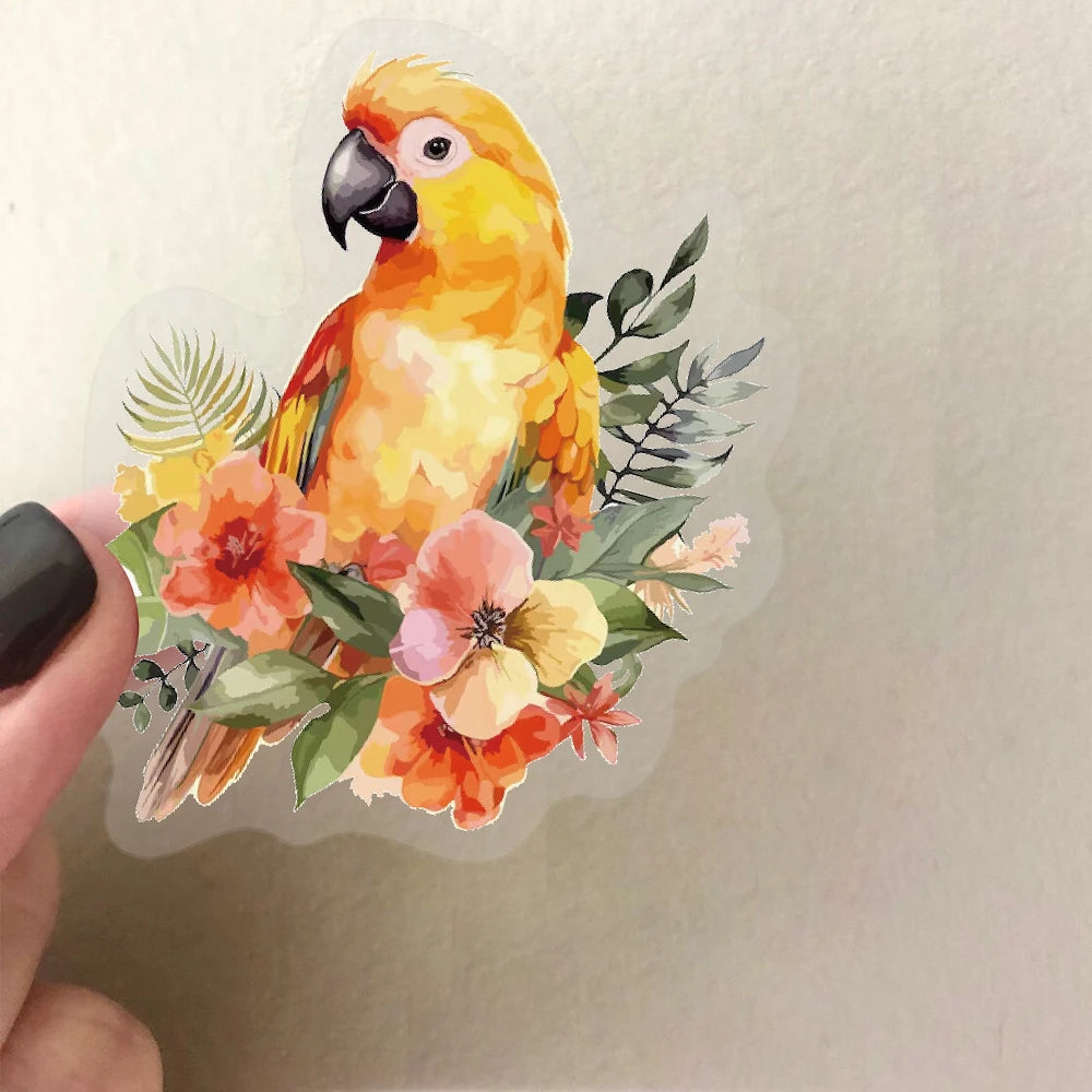 Transparent PET sticker of a yellow tropical parrot with flowers for DIY scrapbooking and aesthetic journal decoration.