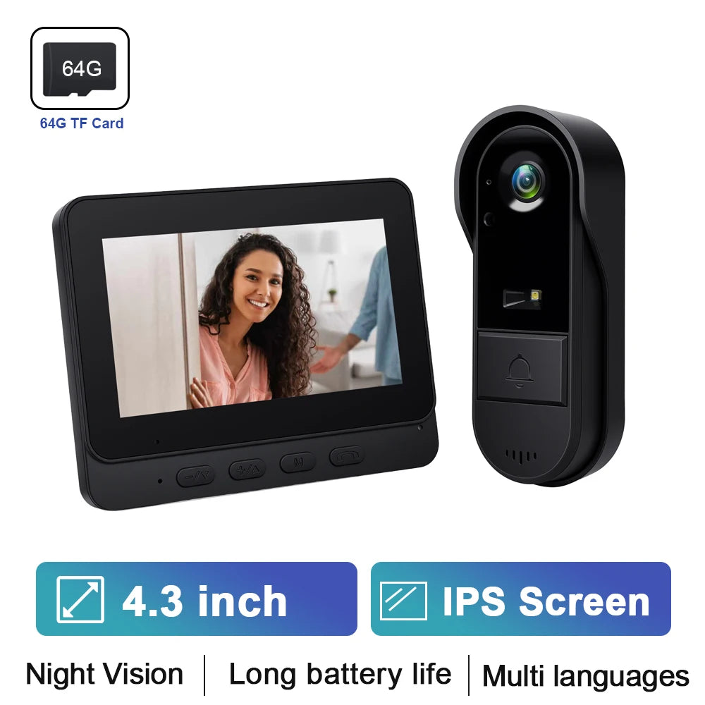 Podofo Wireless Video Doorbell with Screen 4.3'' IPS HD Smart Intercom 2.4G No WIFI Visible Doorbell Two-Way Talk Night Vision