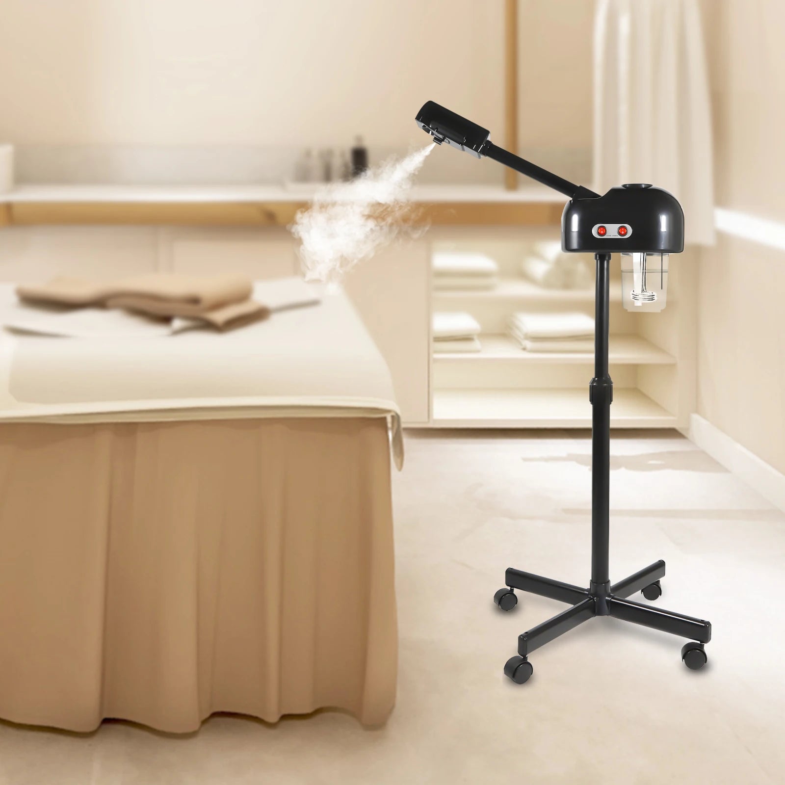 Black 800W professional facial steamer with 750ml water tank, adjustable stand, and wheels for salon spa skin care.