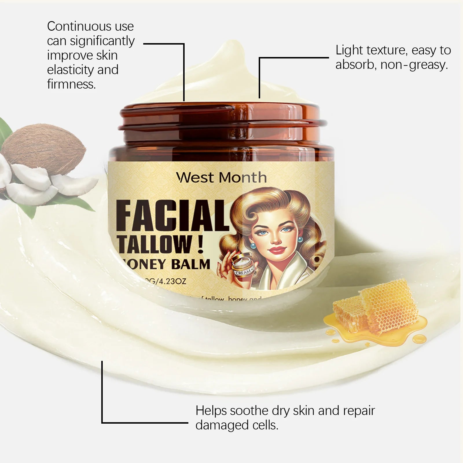 Beef Tallow Face Cream Moisturizing Dry Skin Firming Increase Elasticity Fade Fine Lines Smoothing Repair Nourishing Face Cream