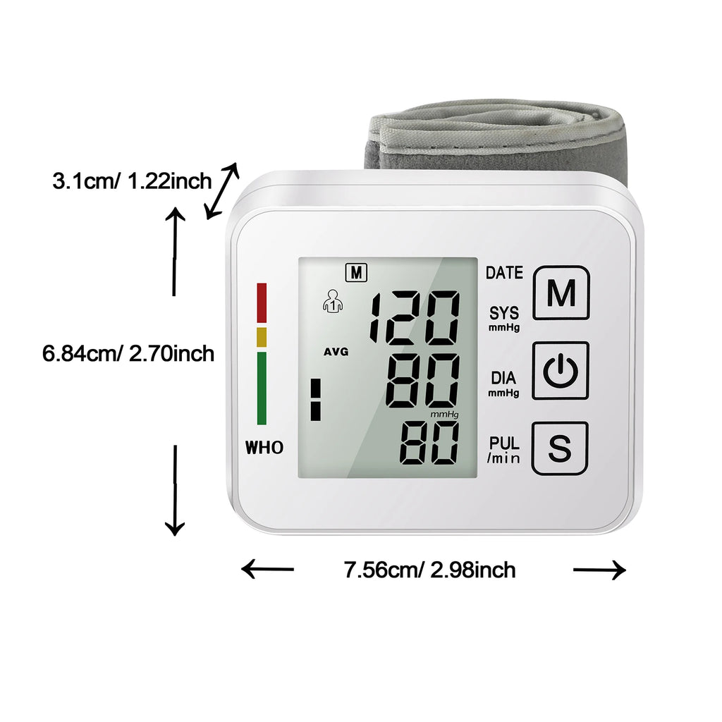 Portable Digital Wrist Blood Pressure Monitor - LCD Screen Heart Rate Pulse Meter Sphygmomanometer for Health Care