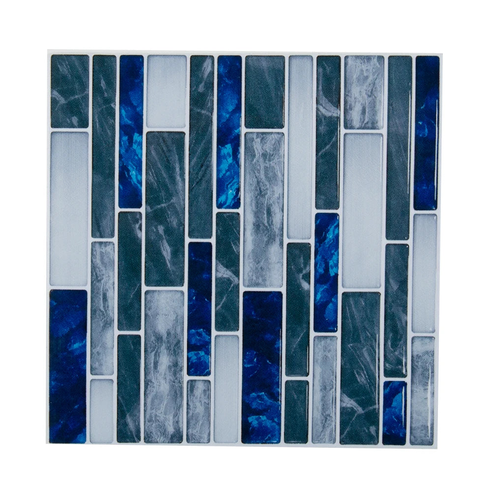 Blue and gray mosaic tile sticker sheet with vertical strips and inset blue tiles