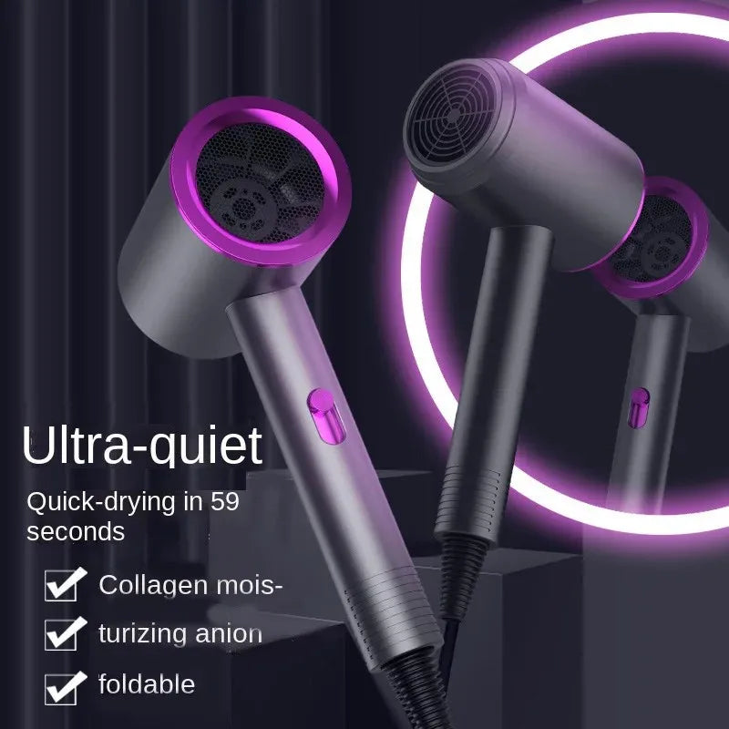 Ultra-quiet, foldable high-speed hair dryer in metallic grey and purple with advanced negative ion moisturizing tech.