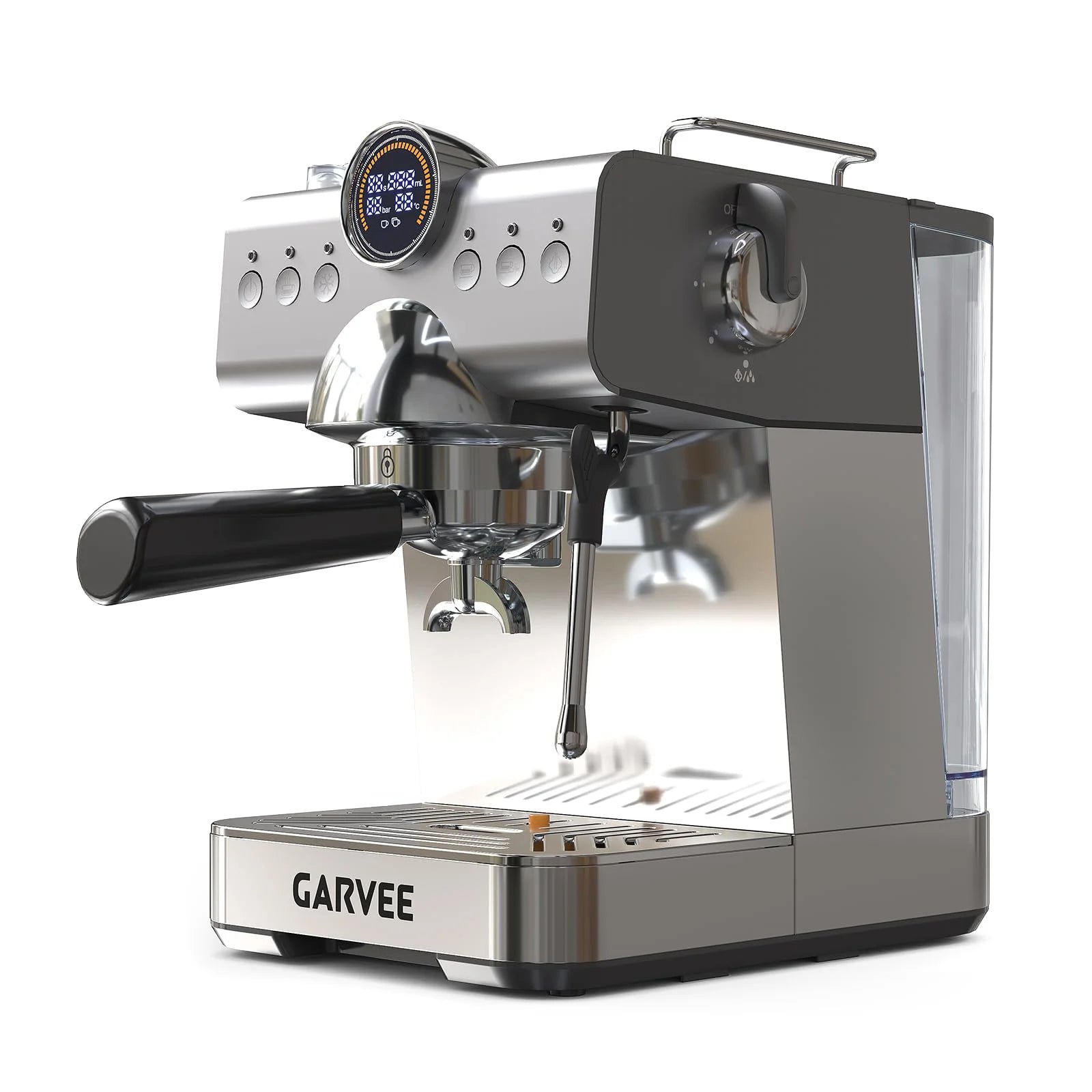 Garvee stainless steel espresso machine with digital pressure gauge, steam wand, and portafilter on white background.