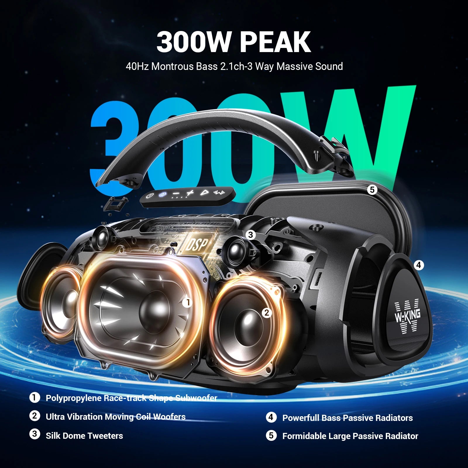 W-KING X20 Portable Bluetooth Speakers, 200W RMS Massive Bass Party Boombox IPX7 Waterproof Speaker Large, Loud Outdoor Boombox