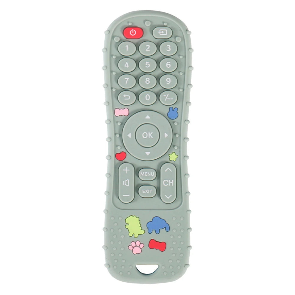 Green silicone baby teething toy shaped like a remote control for soothing sore gums.