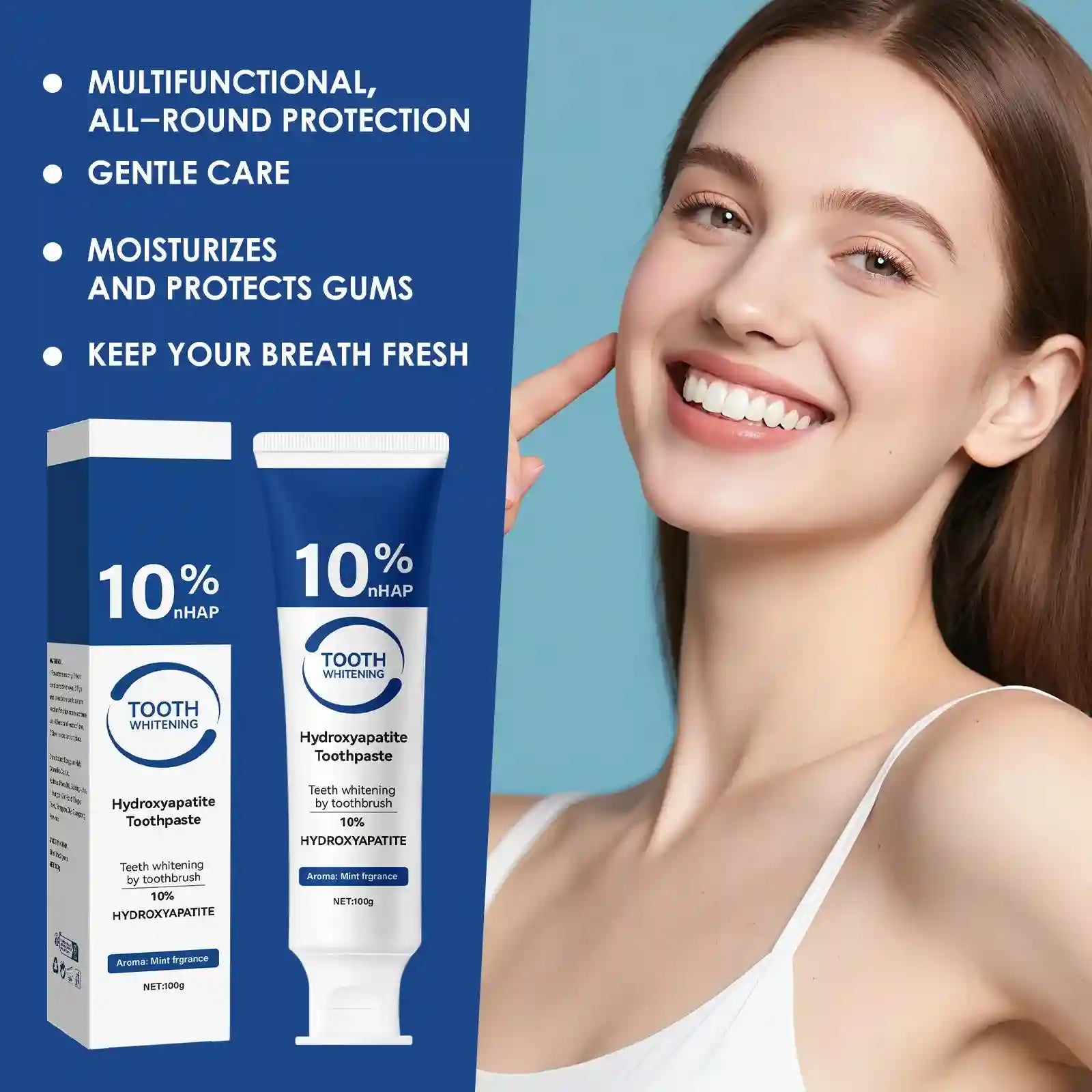 Tidesmit 10% Hydroxyapatite whitening toothpaste tube for deep cleaning, fresh breath, and gum protection.