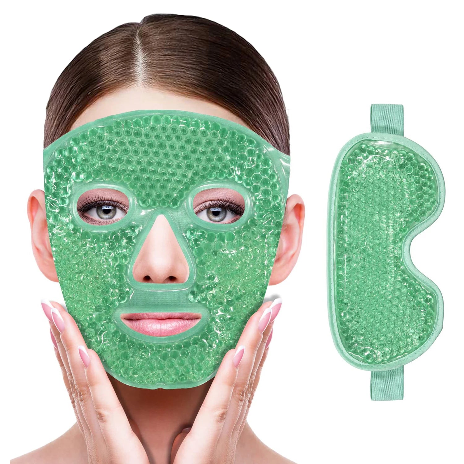 Woman wearing a green gel bead face mask, with a matching gel eye mask beside her.