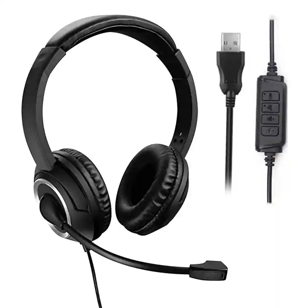 USB Wired Headset with Noise Cancelling Mic - Over-Ear PC Headset Black Tidesmit