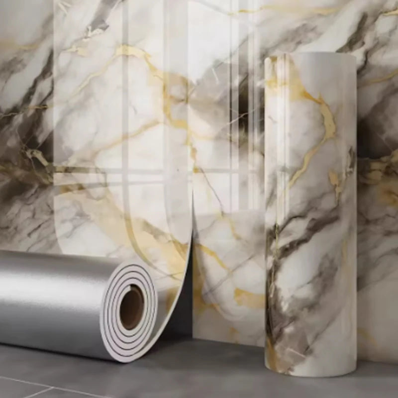 Beige-and-gold marble-pattern self-adhesive wallpaper roll with thick foam tile-look design