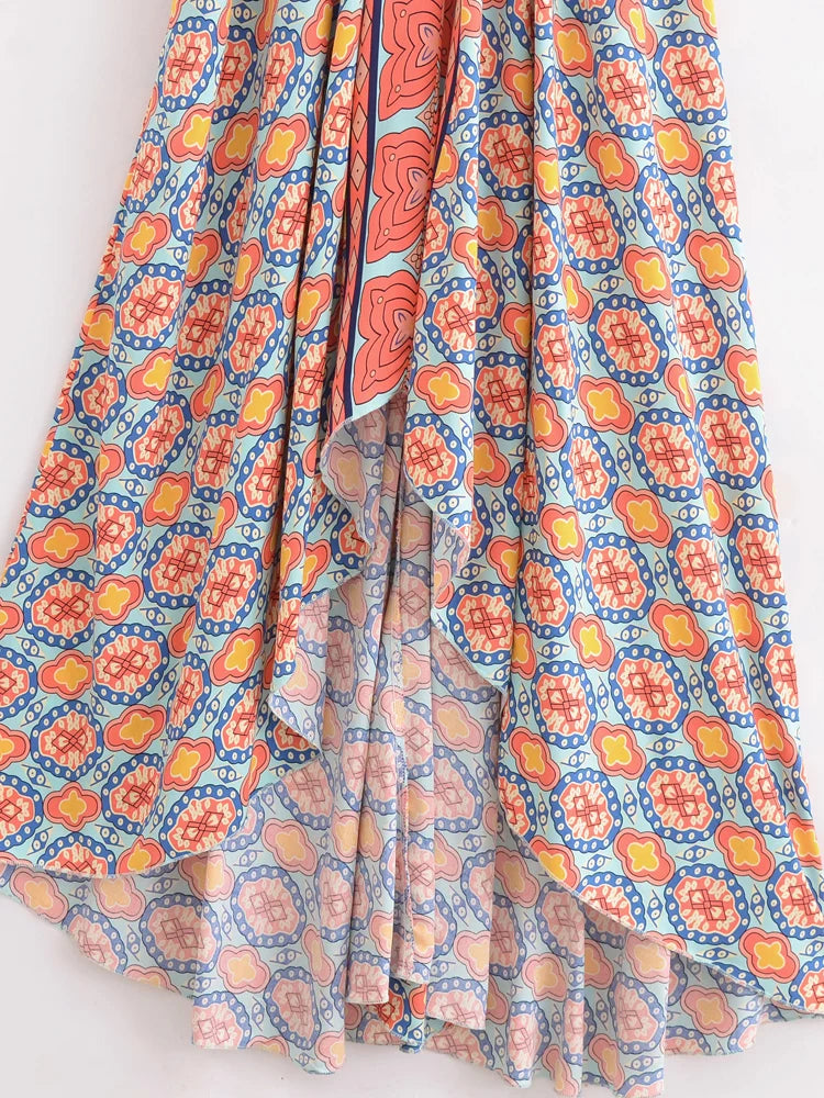 Vintage Women Geometric Print Backless Sexy Beach Bohemian Maxi Dress Lady High-Low Tassel Strapless Vacation Summer Boho Dress