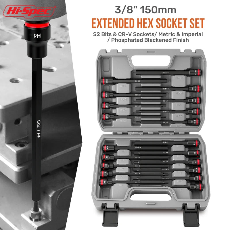 Hi-Spec 3/8 Impact Socket Set Wrench Socket Hex Socket Set S2 Bits & CR-V Sockets Hand Tools Torx Bit Long Socket Colorful Ring