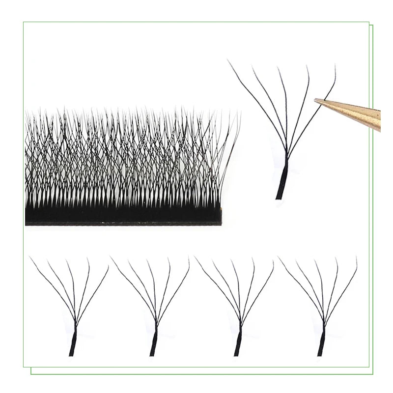 Black 5D W-style premade volume eyelash extension fans on a strip with tweezers holding a single fan.