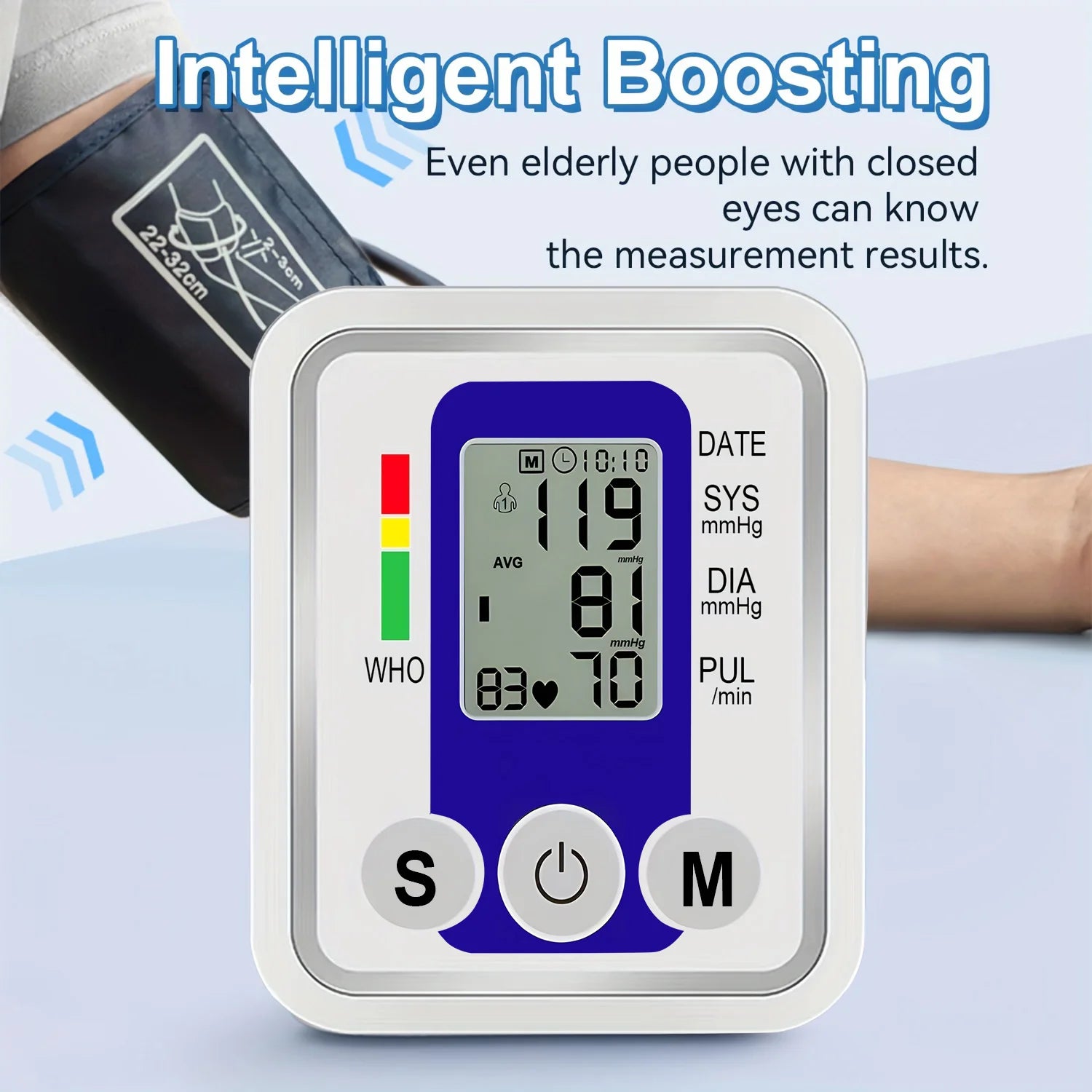 Portable Arm Blood Pressure Monitor BP Automatic Professional Medical Tonometer Digital Tensiometer Heart Rate Monitor White