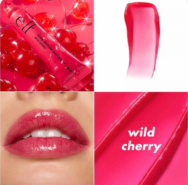 e.l.f. Glow Reviver Melting Lip Balm in Wild Cherry. Glossy, red-tinted moisturizing balm swatch on lips and skin.