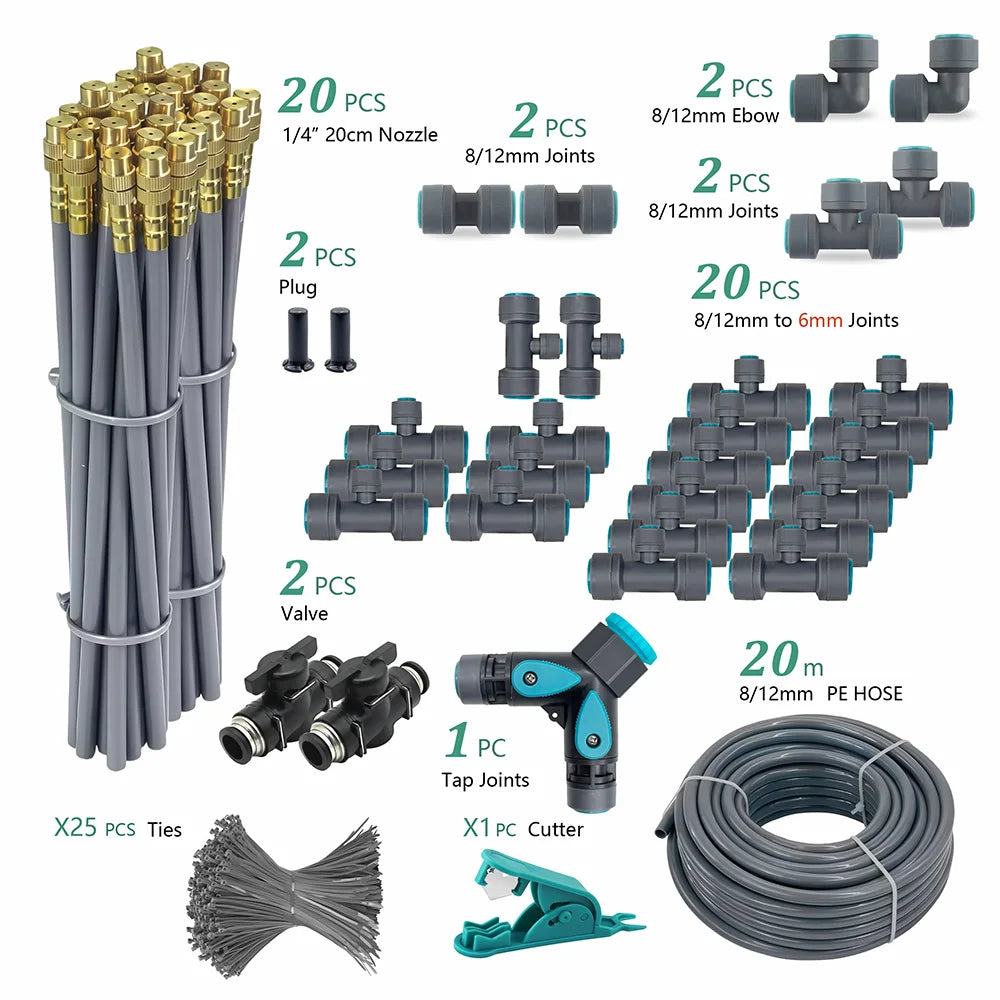 Garden nozzle kit with 20 pcs brass nozzles, 8/12mm PE hose coil, and gray adapters
