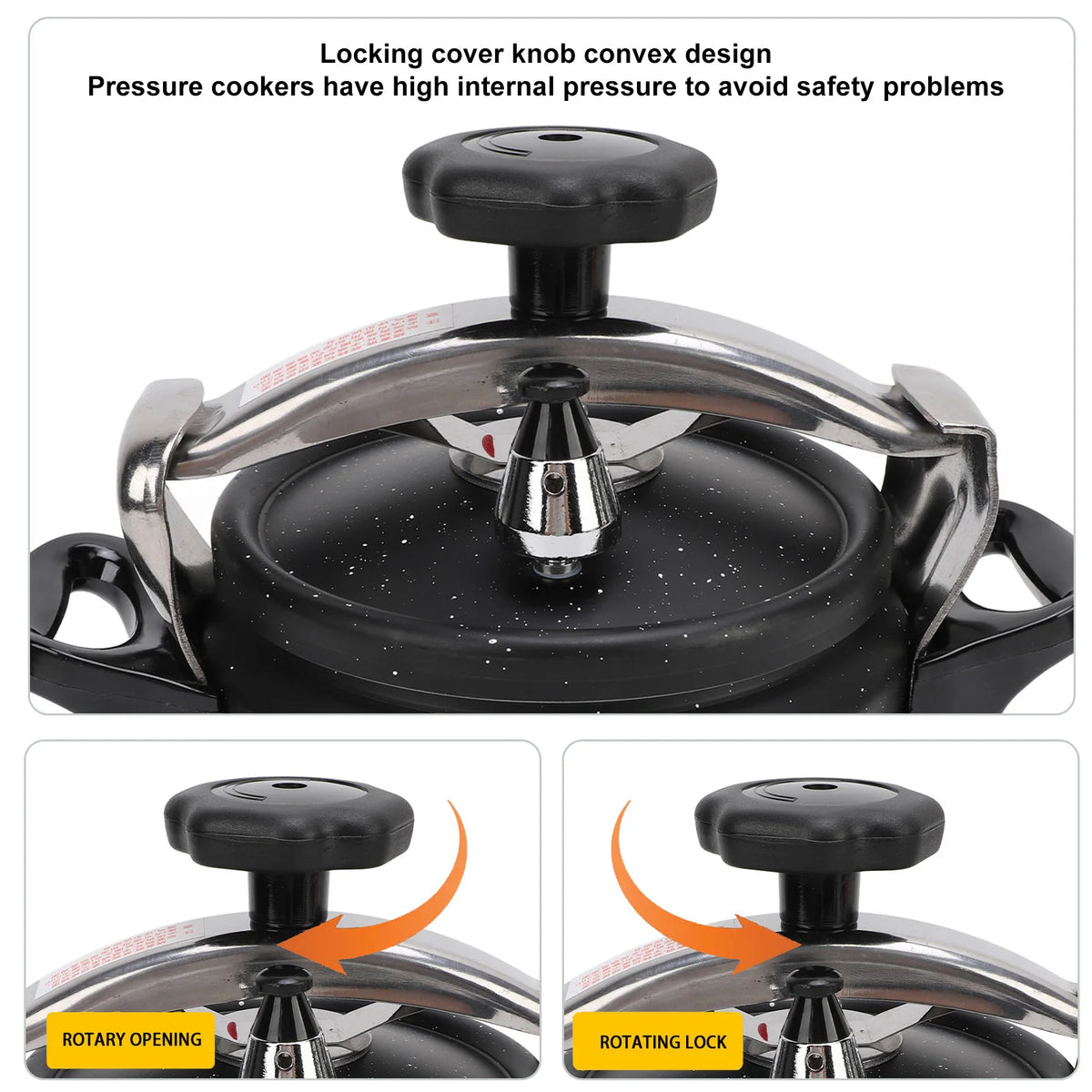 Black speckled pressure canner with lid knob and central pressure release valve