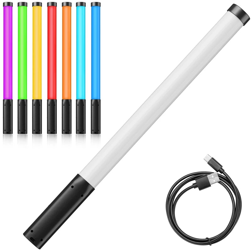 Handheld RGB LED light wand with black textured handle, white diffuser tube, and USB-C charging cable for photography.