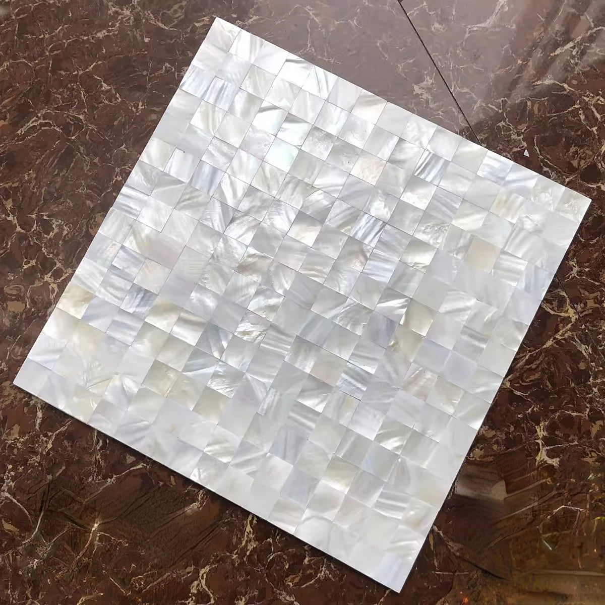 Mother of pearl shell mosaic tile sheet with white glossy square tiles