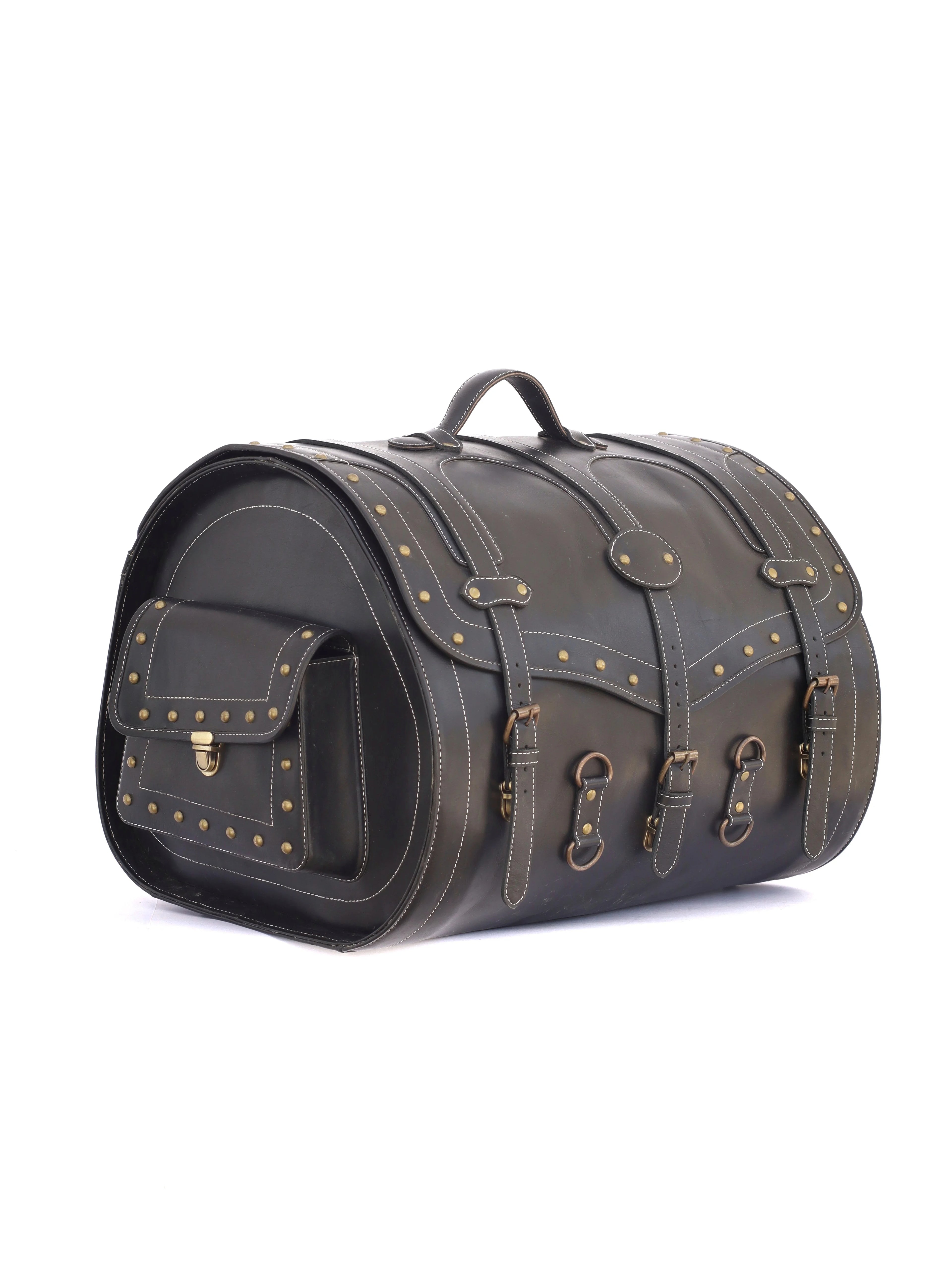 Large vintage black leather trunk bag with brass studs, side pocket, and buckle straps for travel and fitness.