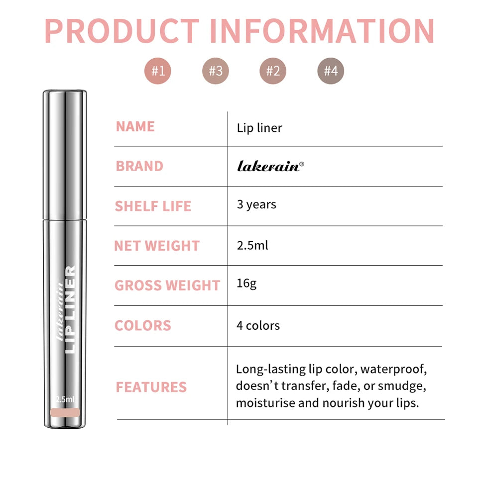 Lakerain waterproof 4-color matte peel-off lip liner tattoo in silver tube packaging. Long-lasting lip makeup.