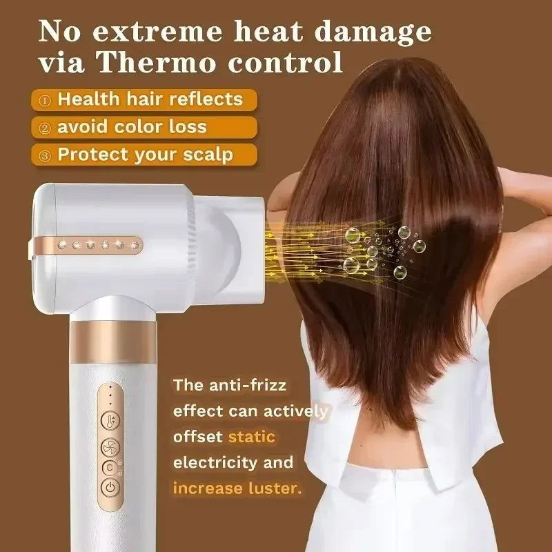 White and gold 7-in-1 professional high-speed hair dryer with negative ion anti-frizz technology for heat protection.