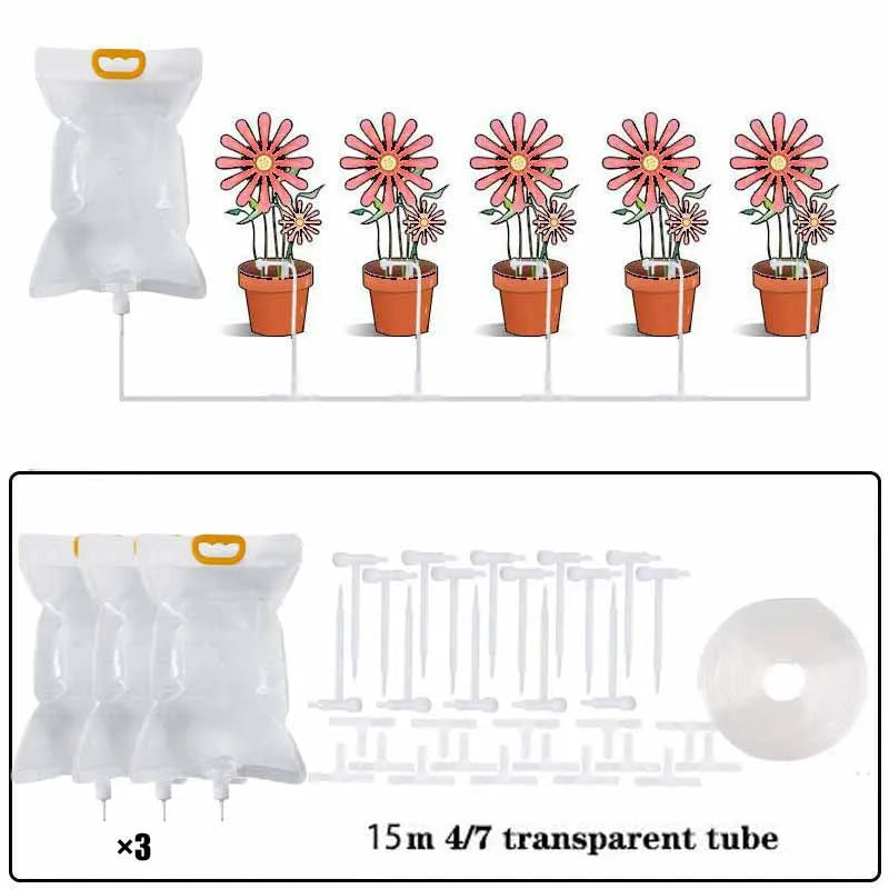 Automatic drip irrigation bag kit with 15 m transparent tube, stakes, and dripper regulators