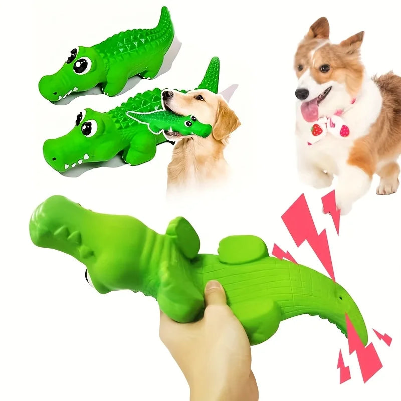 Durable green rubber crocodile squeaky toy for dogs. Fun, interactive pet toy for fetch and play.