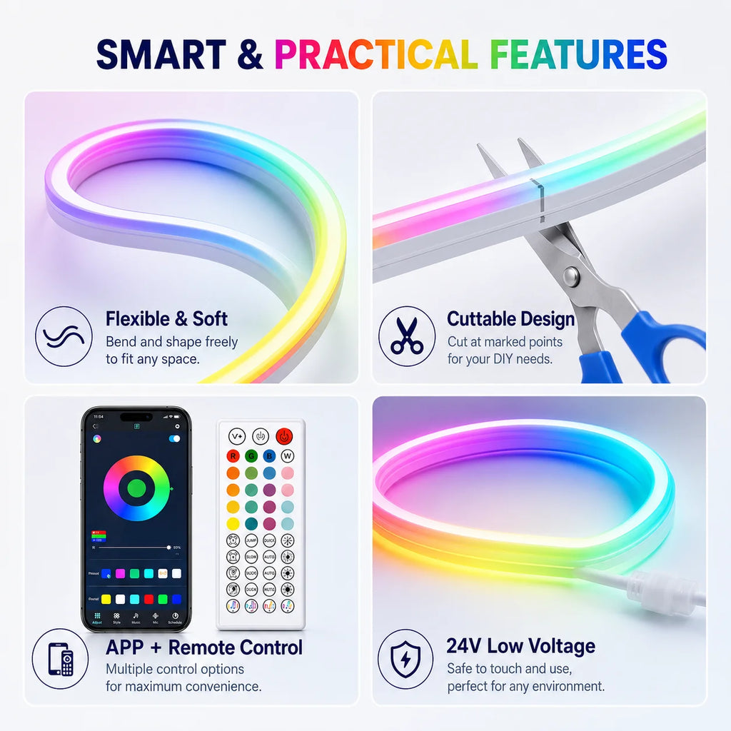 RGB Neon Light LED Rope Light Waterproof APP Remote Control Music Sync 24V Flexible DIY Silicone Strip Light for Indoor Outdoor