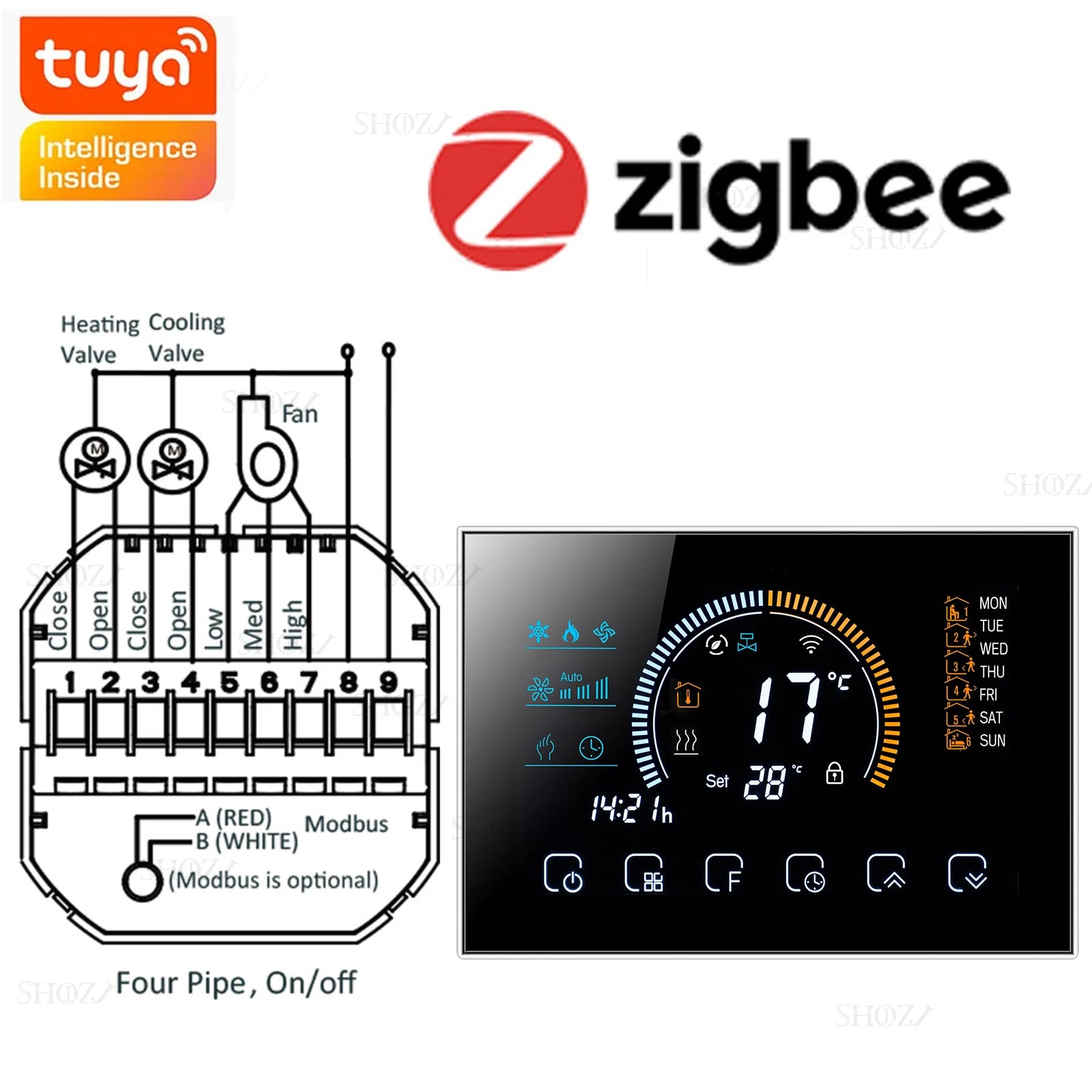 Wifi/RS485/Zigbee Thermostat Air Conditioning 3 Fan Coil Unit Home Cooling/Heating 2/4 Pipe Temperature Controller with Alexa