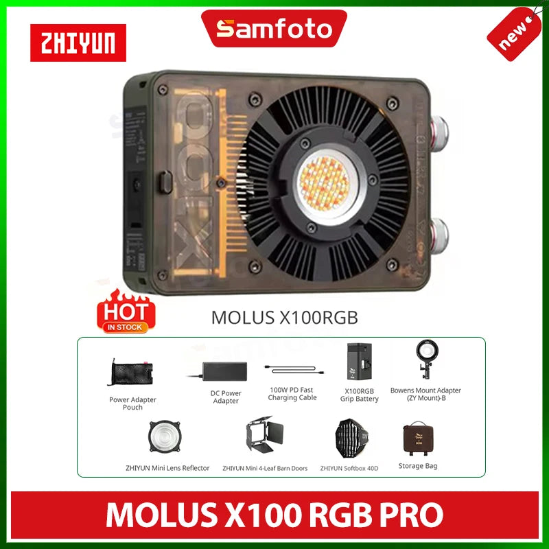 MOLUS X100RGB handheld LED light with a rectangular frame, circular central cooling fan, and various lighting