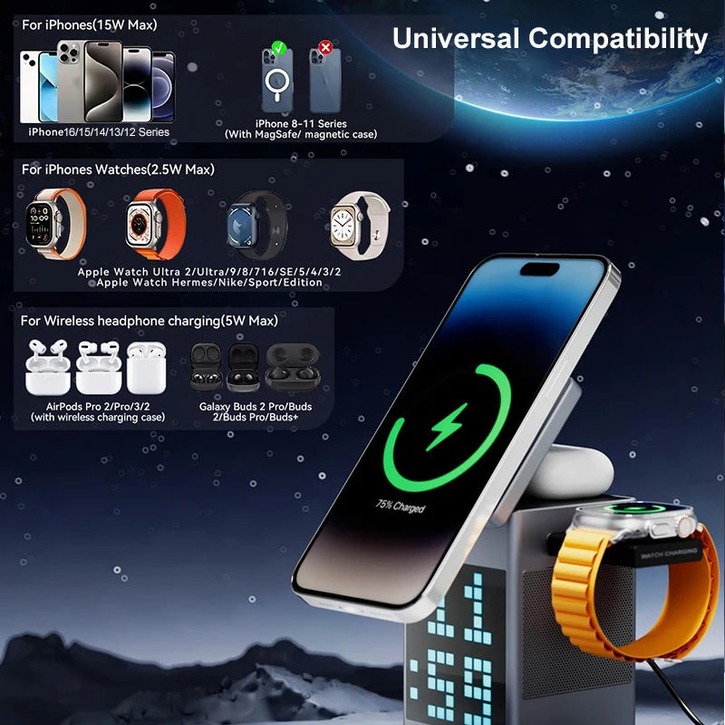 3-in-1 Magnetic Wireless Charger with Bluetooth Speaker - Black Tidesmit